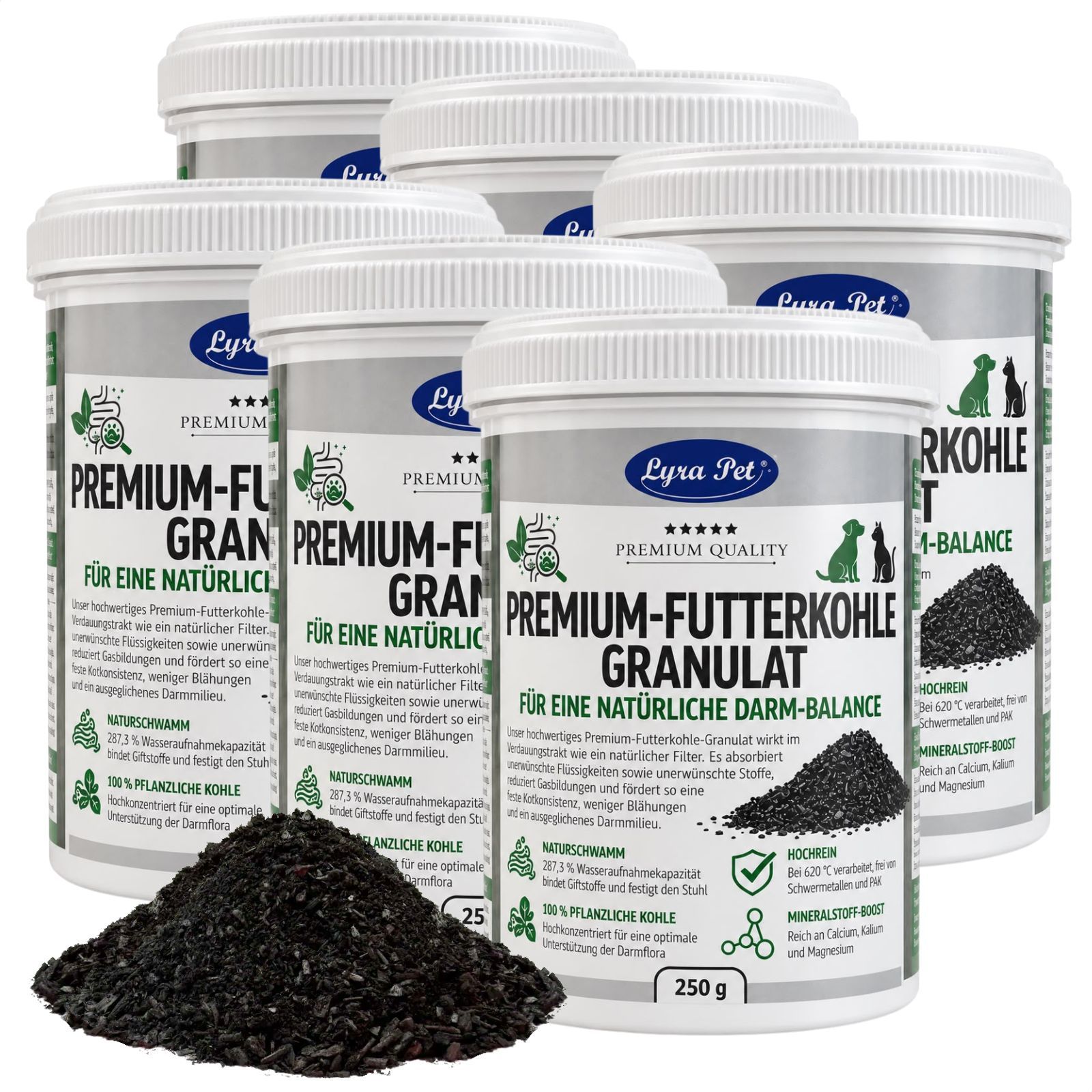 Mehrere Behälter Lyra Pet Premium Futterkohle Granulat, gruppiert mit einem Haufen Granulat davor. Jede Dose zeigt Produktinformationen.