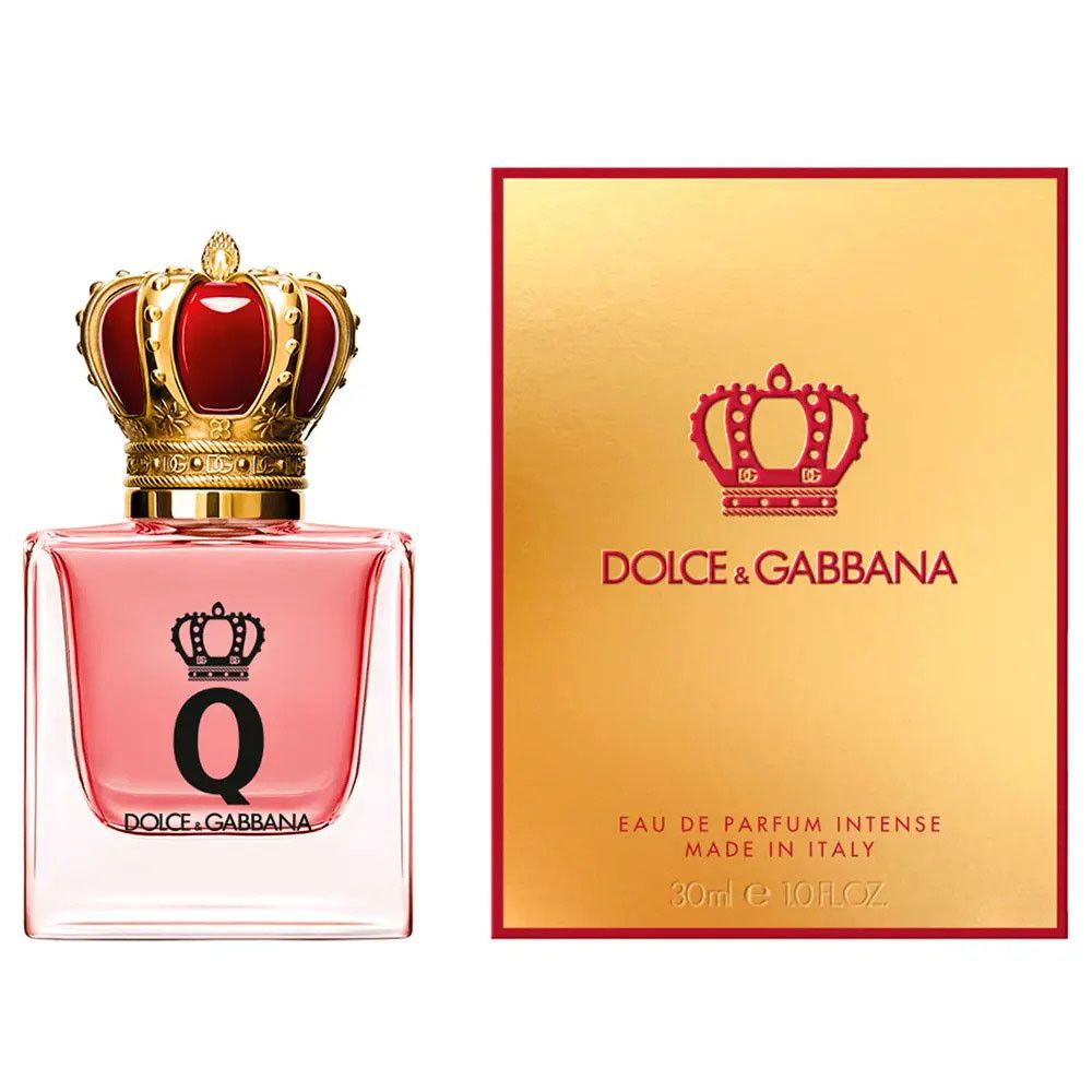 Rosa Flakon mit goldener Krone und goldene Schachtel. Schwarzes "Q" und Krone-Logo. "DOLCE & GABBANA" Schriftzug.