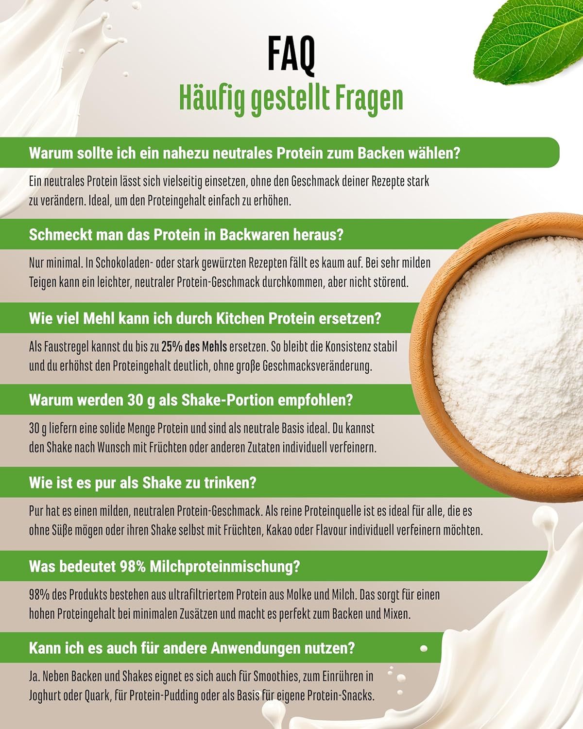 FAQ: Fragen zum Backen mit Protein, Ersatz von Mehl, Shake-Portionen, Geschmack, 98% Milchproteinmischung. Kann für Smoothies verwendet werden.