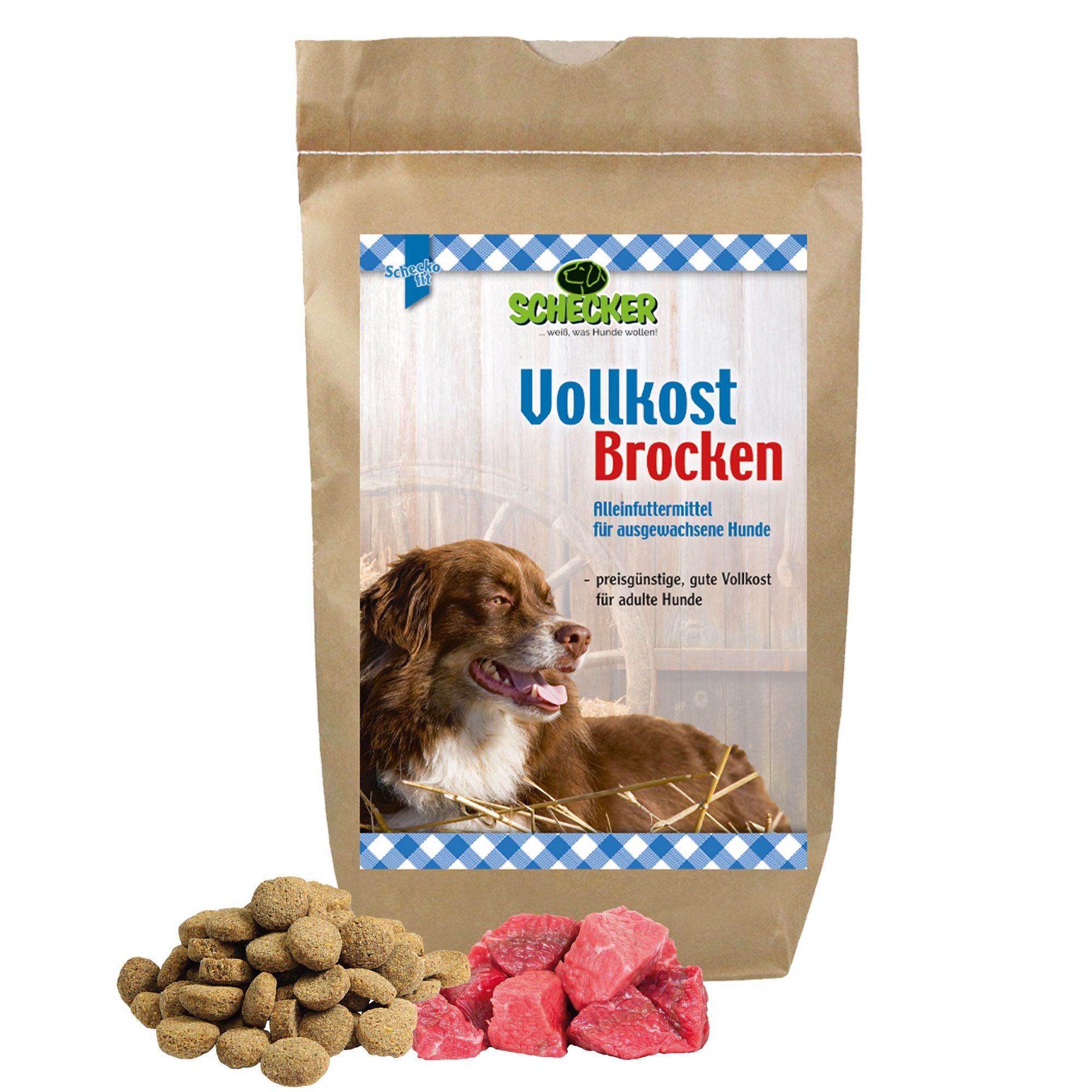 Hundefutterbeutel mit Produktabbildung und Hund. Daneben Trockenfutterbrocken und Fleischstücke.