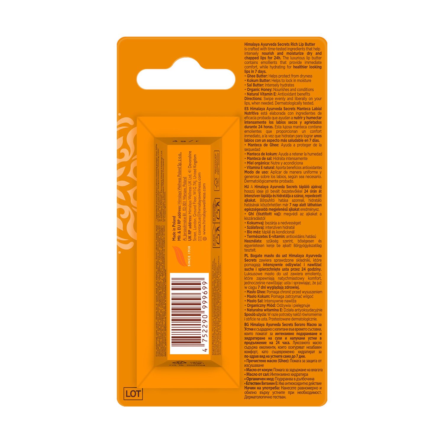 Rückseite der Verpackung eines Himalaya Ayurveda Secrets Rich Butter Stick Lippenbalsams.