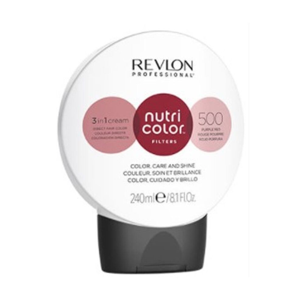 Runde Tube mit schwarzem Verschluss. Aufschrift: Revlon Nutri Color Filters 500. Farbton: Purple Red. 240ml.