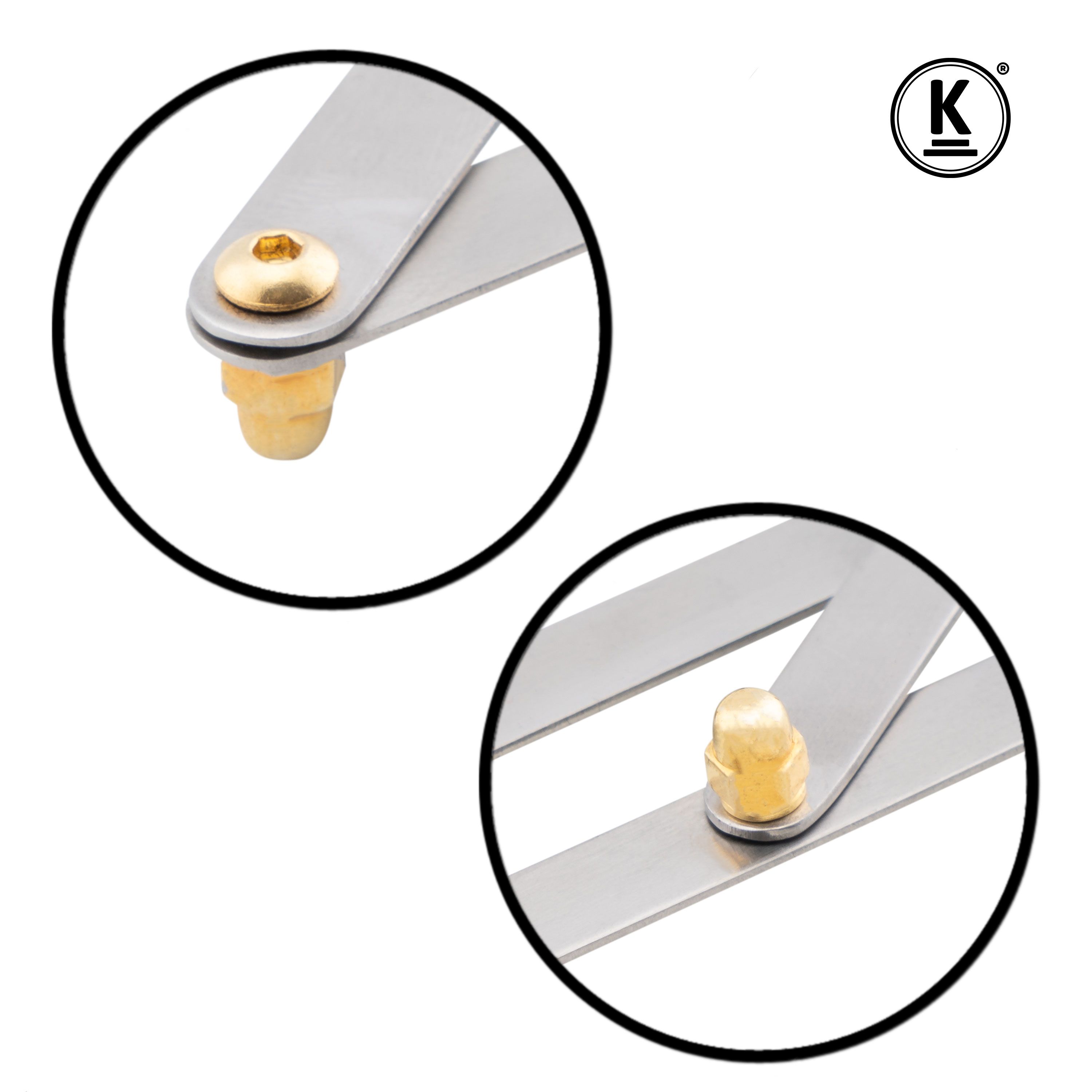 Nahaufnahme von Gelenken und Schrauben eines Augenbrauenlineals. Goldfarbene Schrauben. K-Pro Logo.