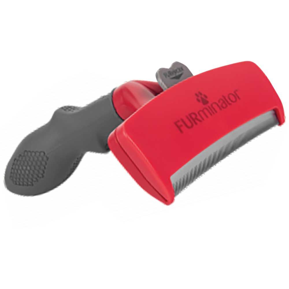 Rote FURminator-Bürste mit grauem Griff. Metallkamm. FUR-Rejector-Knopf. Schräge Ansicht.