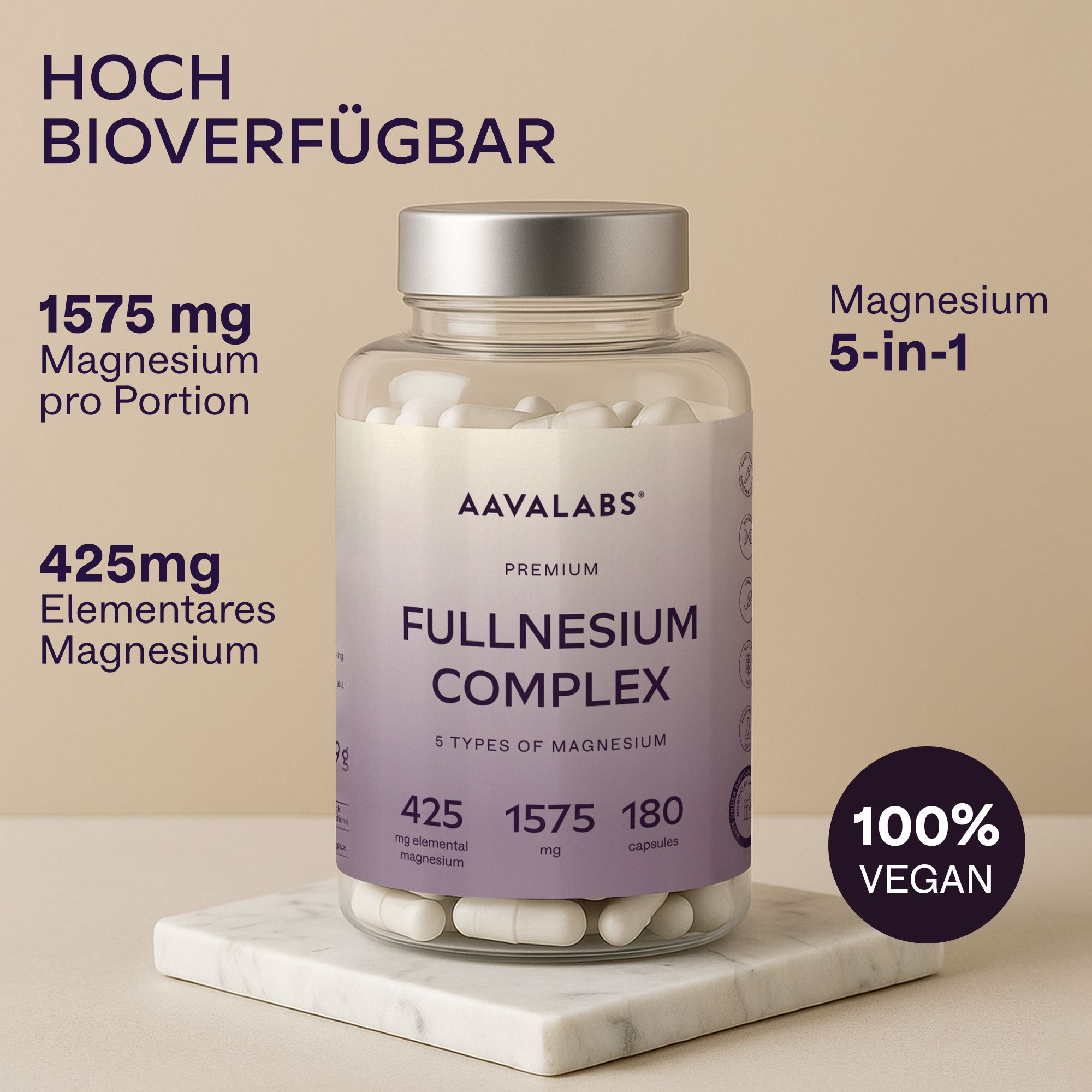 Flasche mit Kapseln. 425mg elementares Magnesium. 100% Vegan. Auf Marmorplatte.