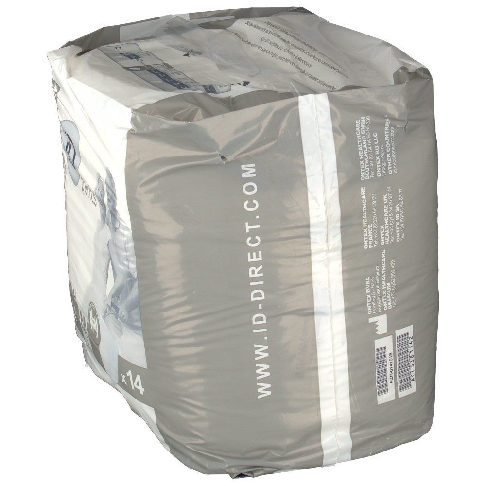 Verpackung iD Pants Normal Gr. M. Graue Plastikverpackung mit Produktinformationen und Logo. Enthält 14 Stück. ID-DIRECT.COM.