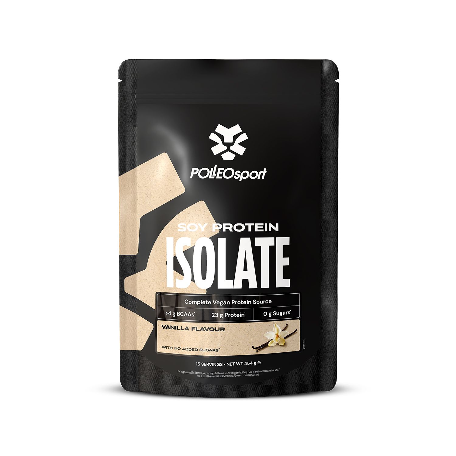 Schwarze Verpackung mit PolleoSport-Logo und Aufschrift 'SOY PROTEIN ISOLATE'. Enthält 14g BCAAs, 23g Protein, 0g Zucker. Vanille-Geschmack.