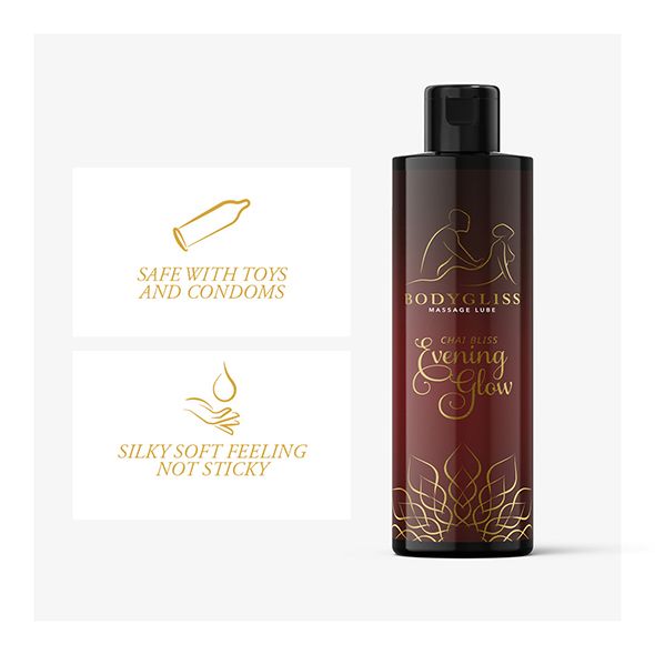 Bodygliss Massageöl Flasche. Aufschrift: Chai Bliss Evening Glow. Zusätzliche Informationen.