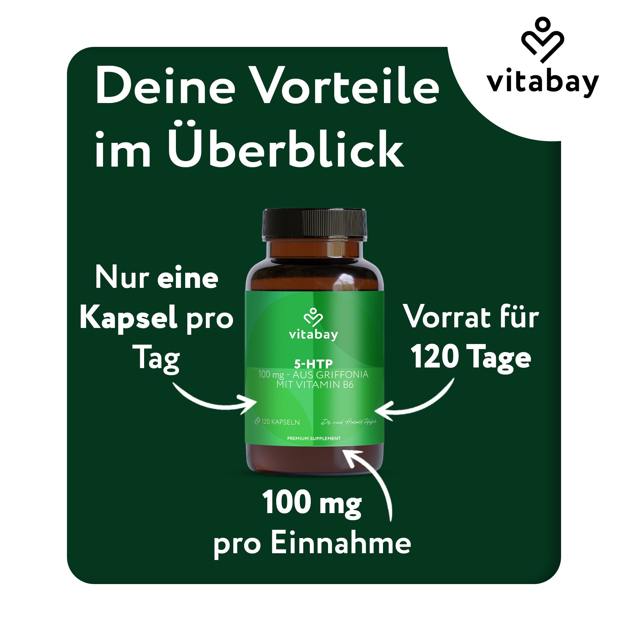Braune Flasche mit Kapseln. Text: Vitabay, 5-HTP, 100 mg, 120 Tage Vorrat. Text: Nur eine Kapsel pro Tag.