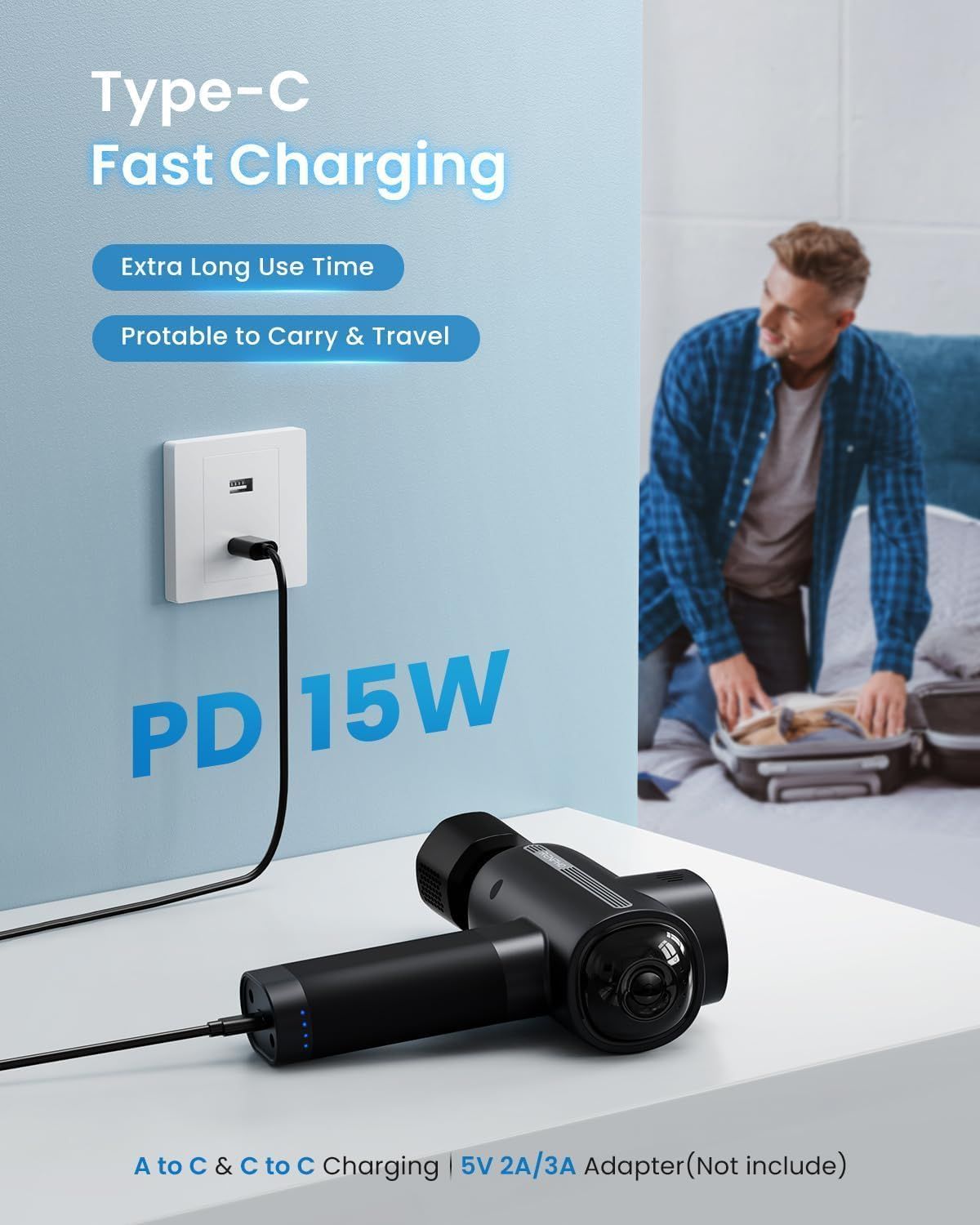 Schwarzes Massagegerät mit Kabel, das an eine Steckdose angeschlossen ist. Text: Type-C Fast Charging, PD 15W.
