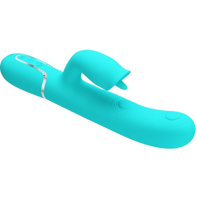 Türkisfarbener Vibrator mit Kaninchen-Design. Mit Bedienknöpfen und silberfarbenen Akzenten.