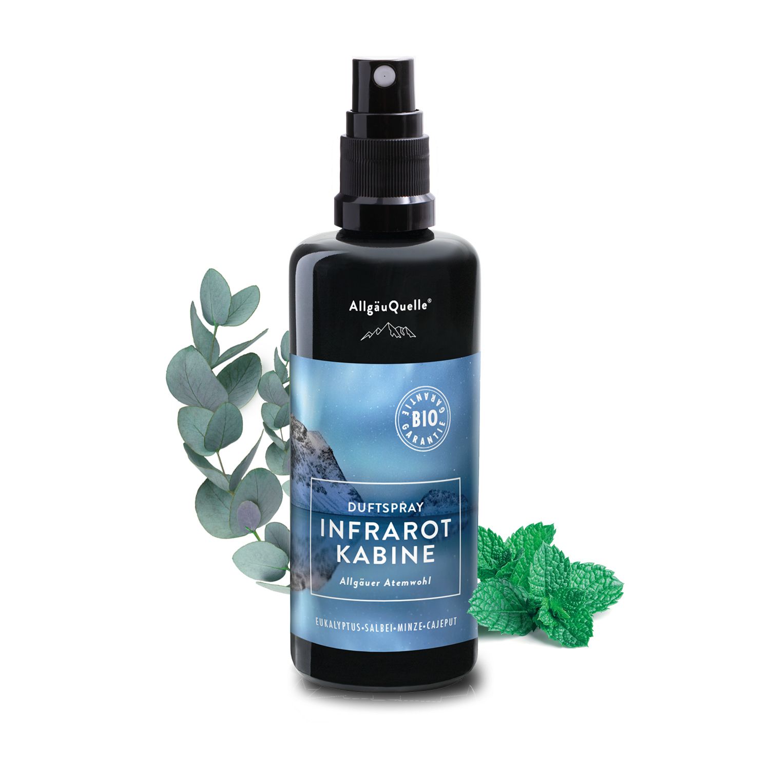 Schwarze Sprühflasche mit Etikett. Aufschrift: Duftspray Infrarot Kabine. Bio-Siegel. Eukalyptus, Salbei, Minze.