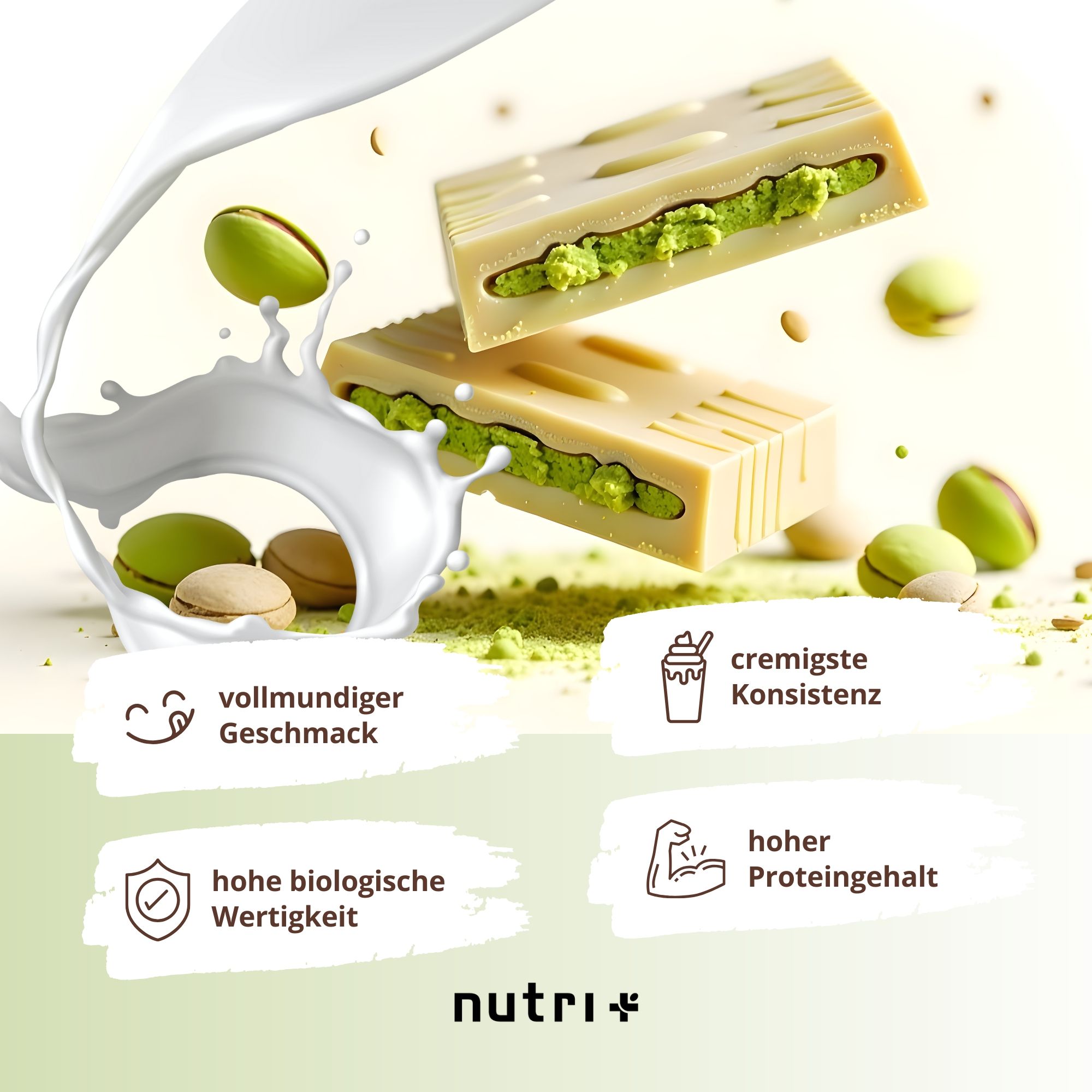 Zwei Schokoriegel mit Pistazienfüllung, umgeben von Milch. Text: 'vollmundiger Geschmack', 'cremigste Konsistenz', 'hohe biologische Wertigkeit', 'hoher Proteingehalt'.