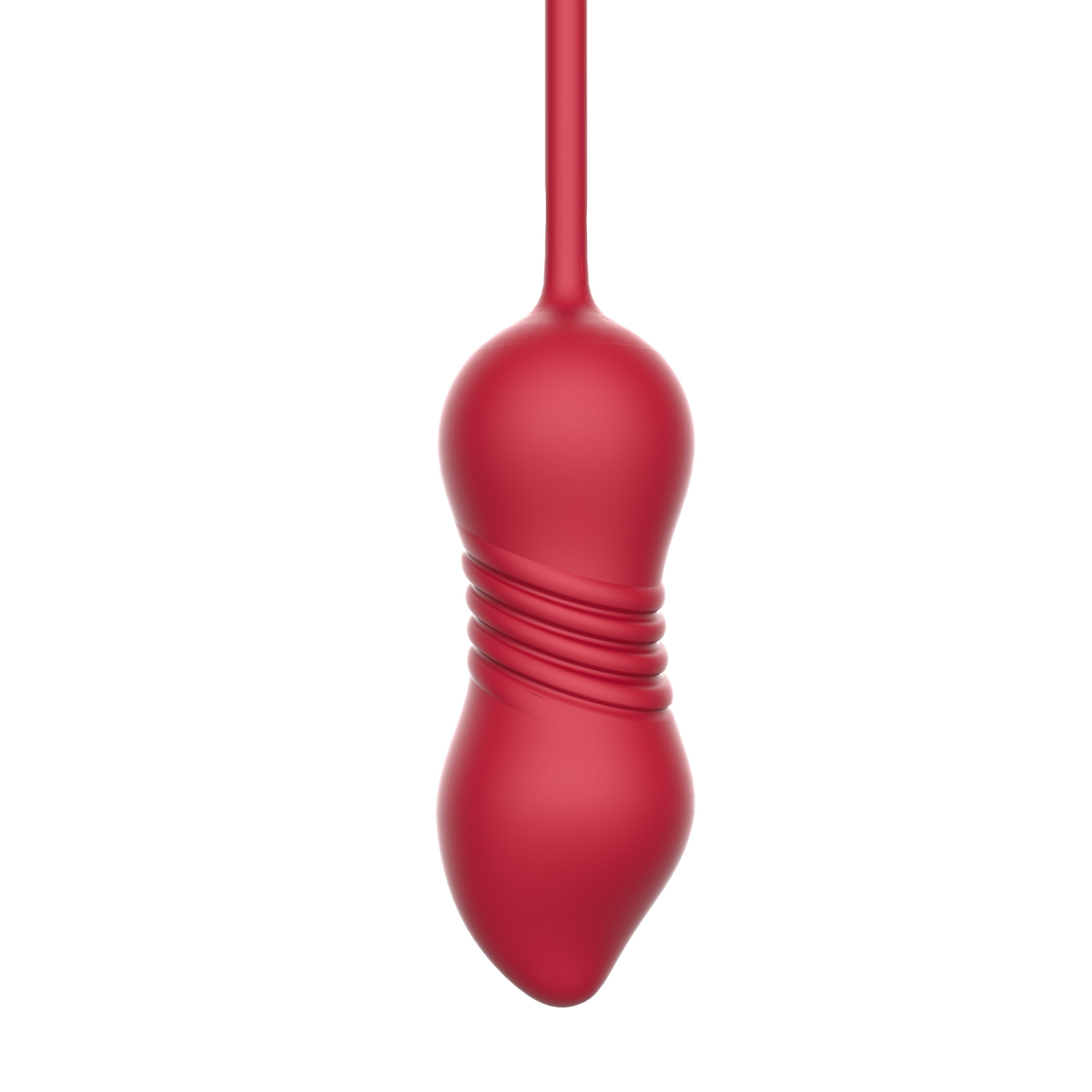 Rotes, geriffeltes Ende eines Vibrators. Die Form ist länglich und hat eine geriffelte Textur.