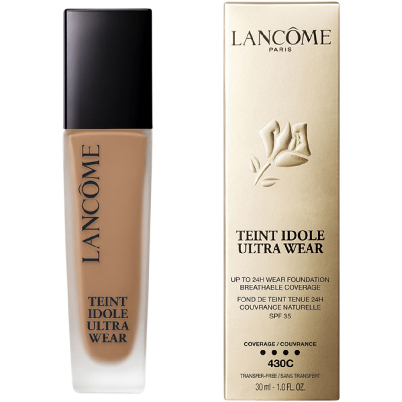 Lancôme Teint Idole Ultra Wear. Flakon und Verpackung. Produkttext, Logo und Farbcode sichtbar.