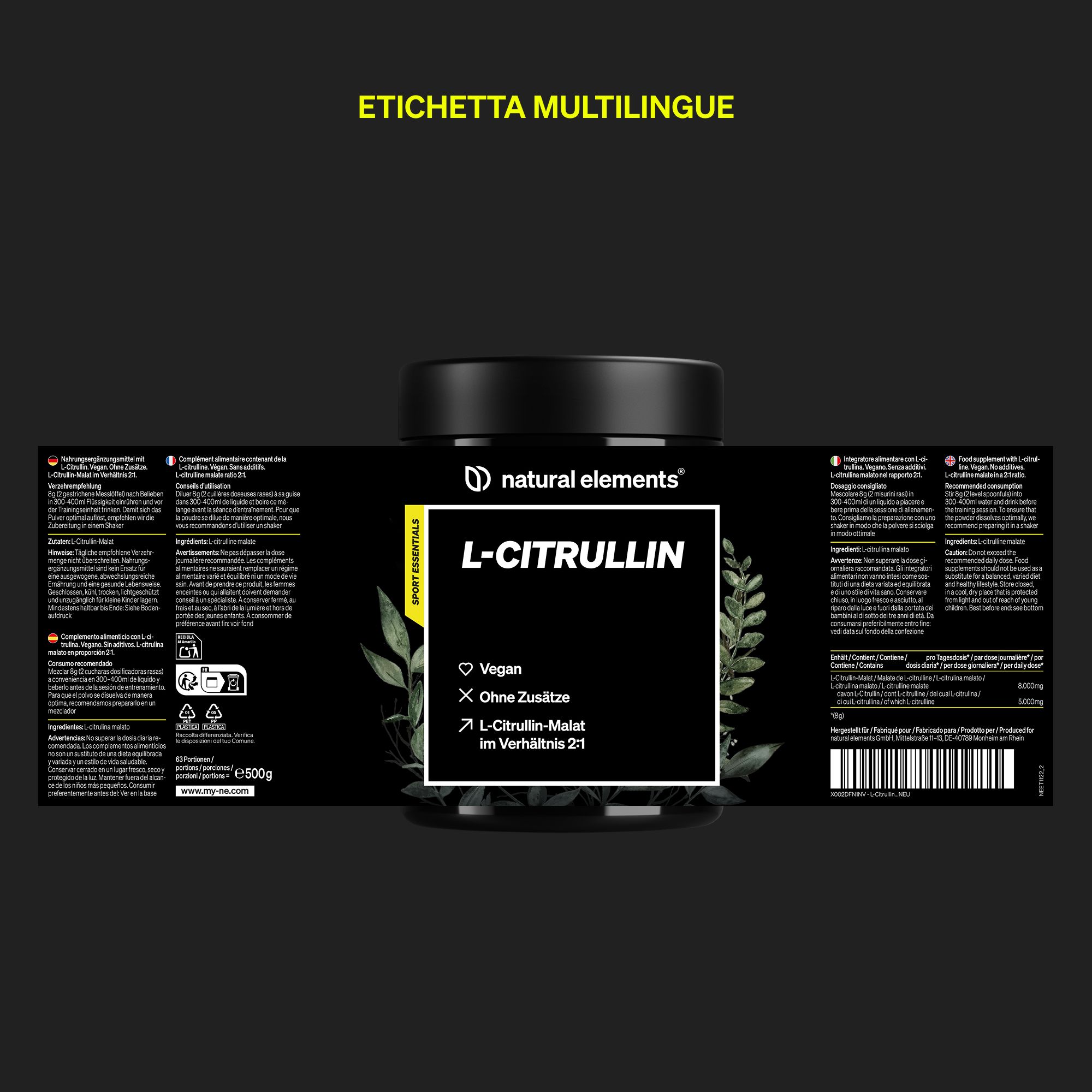 Natural Elements L-Citrullin Pulver, vegan, ohne Zusätze, 1000g.