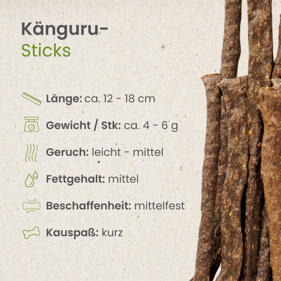 Hundefutter: Känguru-Sticks, 12-18 cm lang, in einer transparenten Tüte mit Etikett.