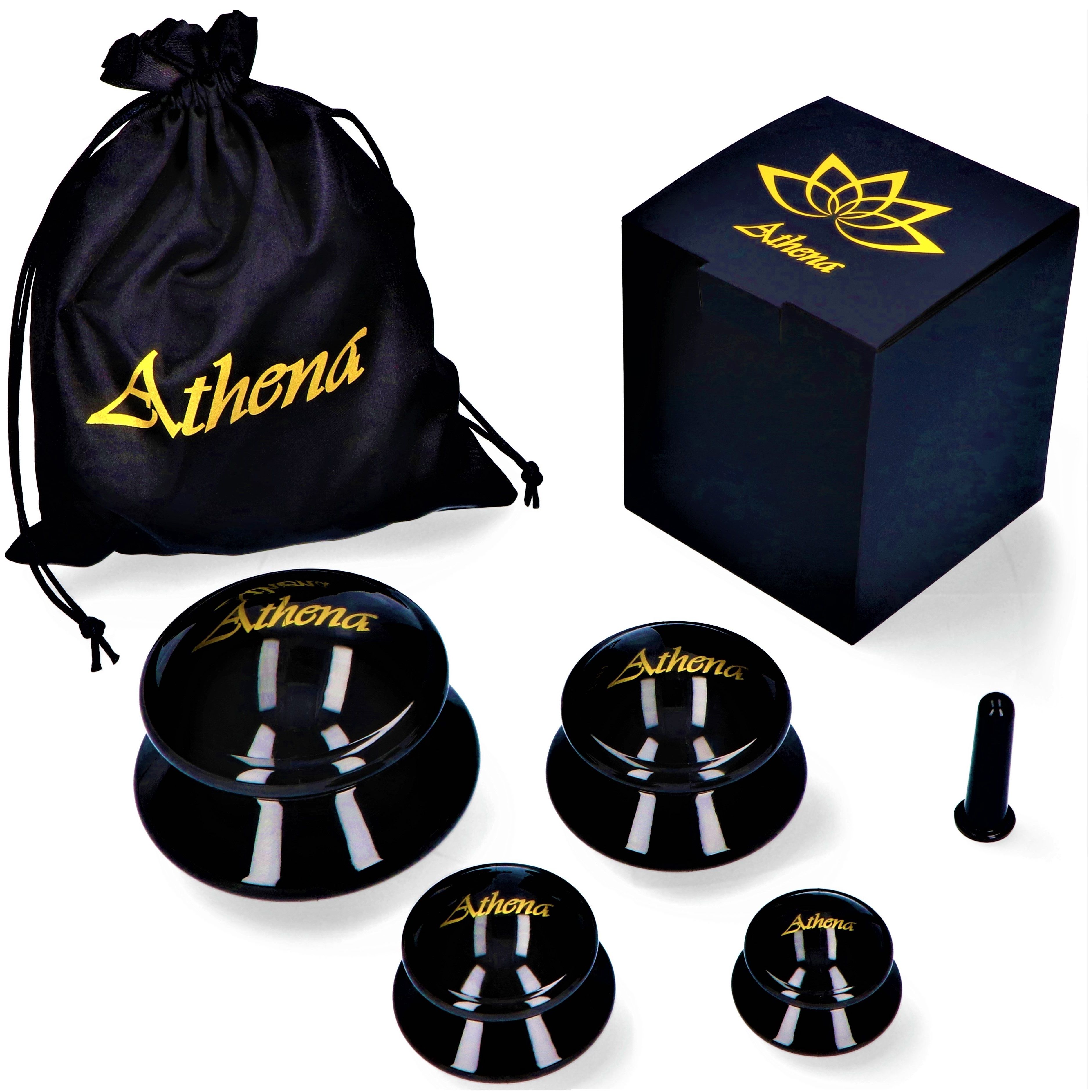 Schwarzes Set mit Massagebechern, Beutel und Box. Becher mit Logo. Zubehörteil.