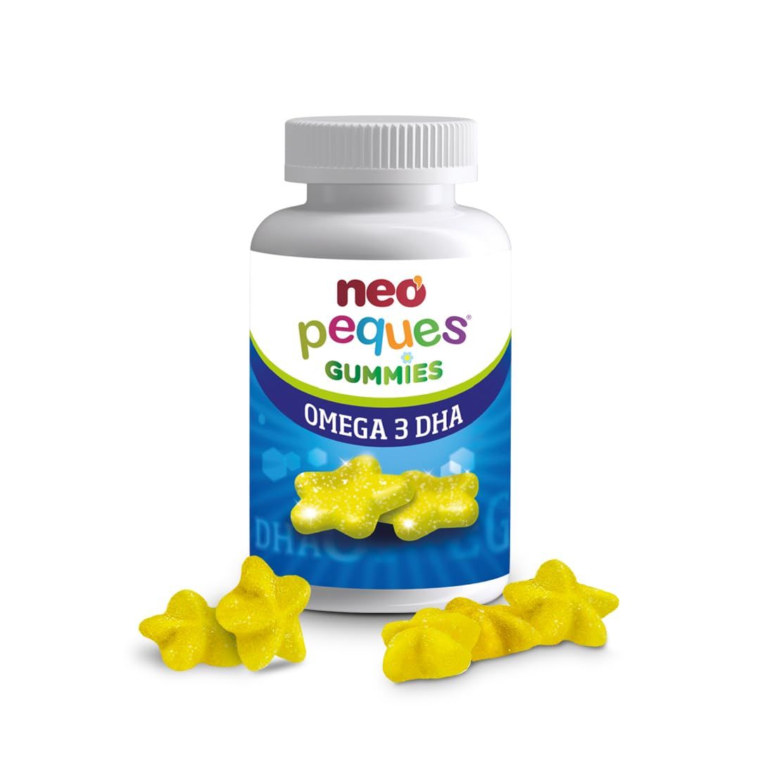 Weiße Flasche mit gelben Stern-Gummibärchen. Aufschrift: NEO PEQUES GUMMIES OMEGA 3 DHA. Einige Gummibärchen liegen daneben.