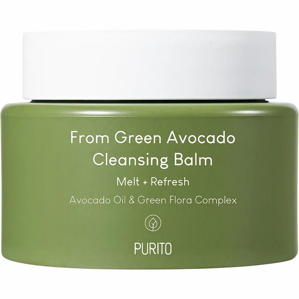 Grüner Tiegel mit weißem Deckel. Aufschrift: From Green Avocado Cleansing Balm, Melt + Refresh, Avocado Oil & Green Flora Complex. Marke: PURITO.