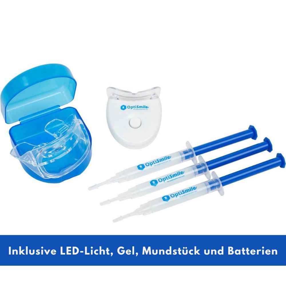 OptiSmile-Set mit LED-Licht, Gel, Mundstück und Batterien. Blaue Aufbewahrungsbox und Spritzen.