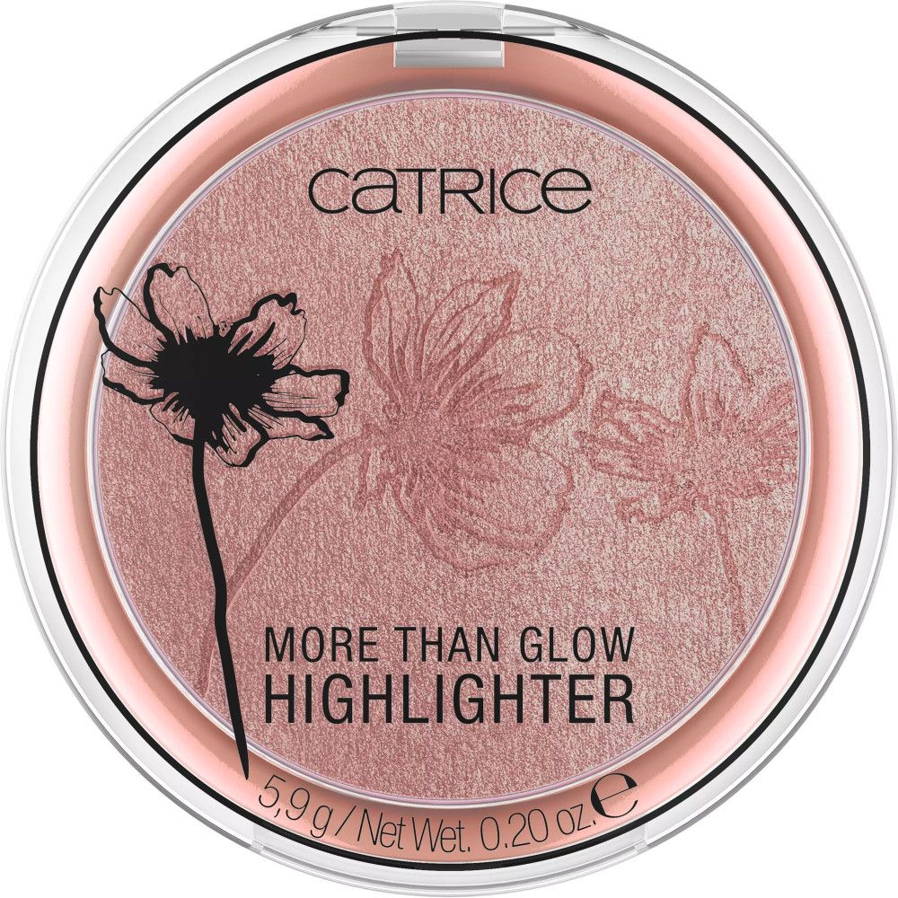 Runder Highlighter mit Blütenmuster. Aufschrift: Catrice, More Than Glow Highlighter. Gewicht: 5,9 g / Netto 0,20 oz.