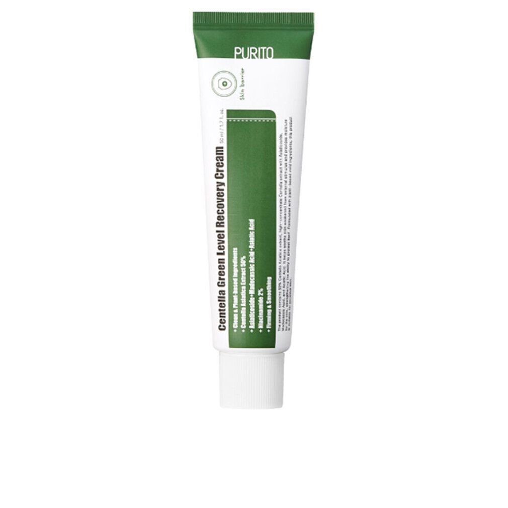 Weiße Tube mit grünem Deckel. Aufschrift: Centella Green Level Recovery Cream. Text: Madecassoside, Niacinamide.