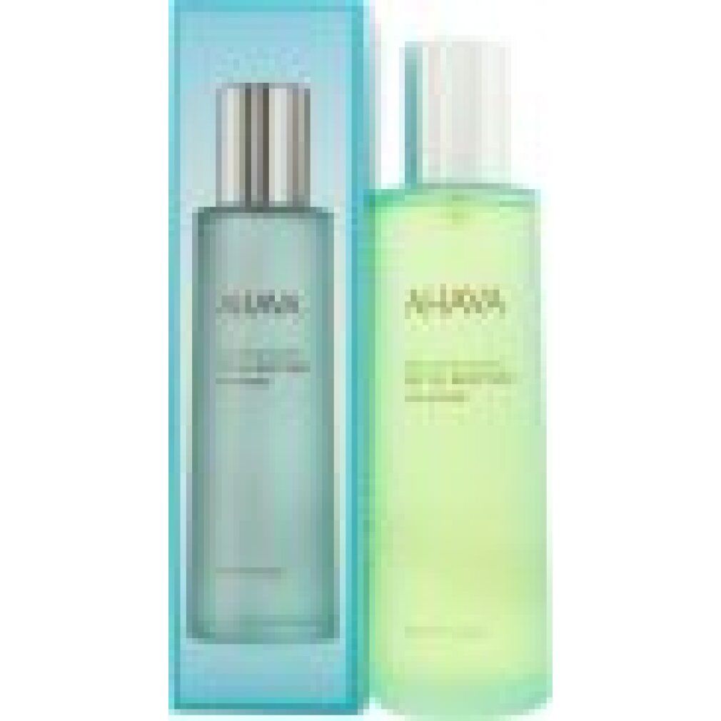 Zwei AHAVA Körpernebel: ein blauer und ein grüner Flakon, daneben eine blaue Verpackung.