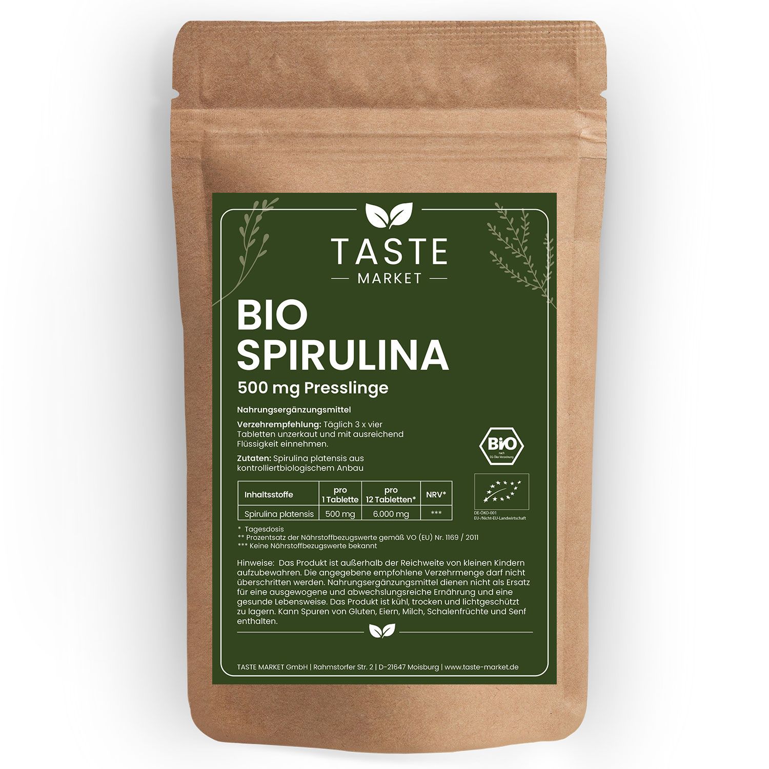 Taste Market Bio Spirulina Presslinge 500 mg in brauner Papiertüte mit Sichtfenster und Bio-Siegel.
