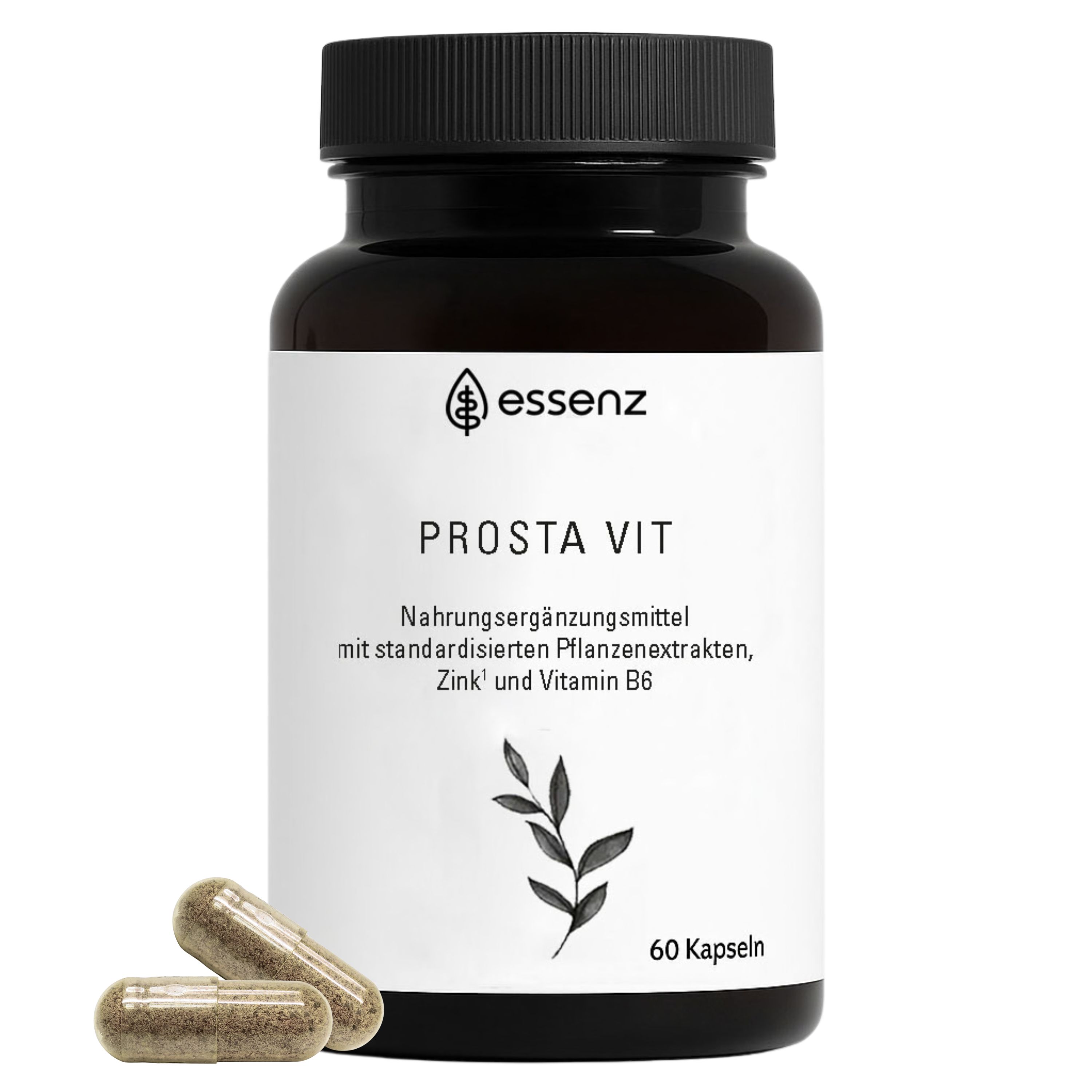 Braune Glasflasche mit schwarzem Deckel, Etikett mit Pflanzenmotiv und Aufschrift „PROSTA VIT“. Zwei Kapseln liegen daneben.