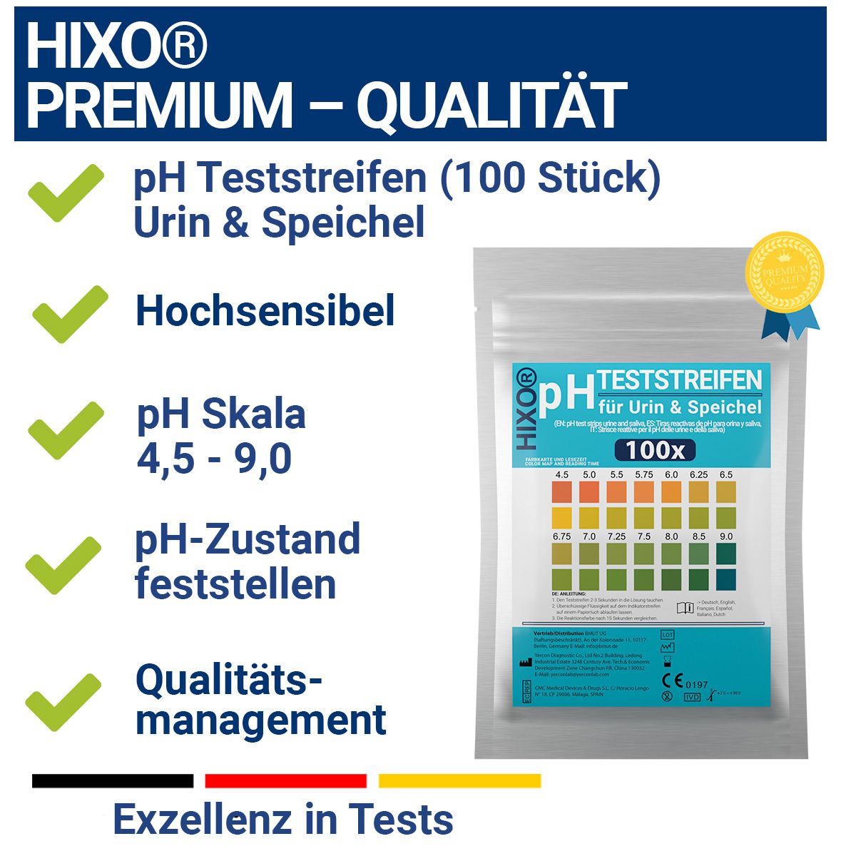 Produktverpackung mit pH-Teststreifen für Urin & Speichel. Text: pH Teststreifen, 100 Stück, pH Skala 4,5-9,0. Qualitätsmanagement. Goldene Auszeichnung.