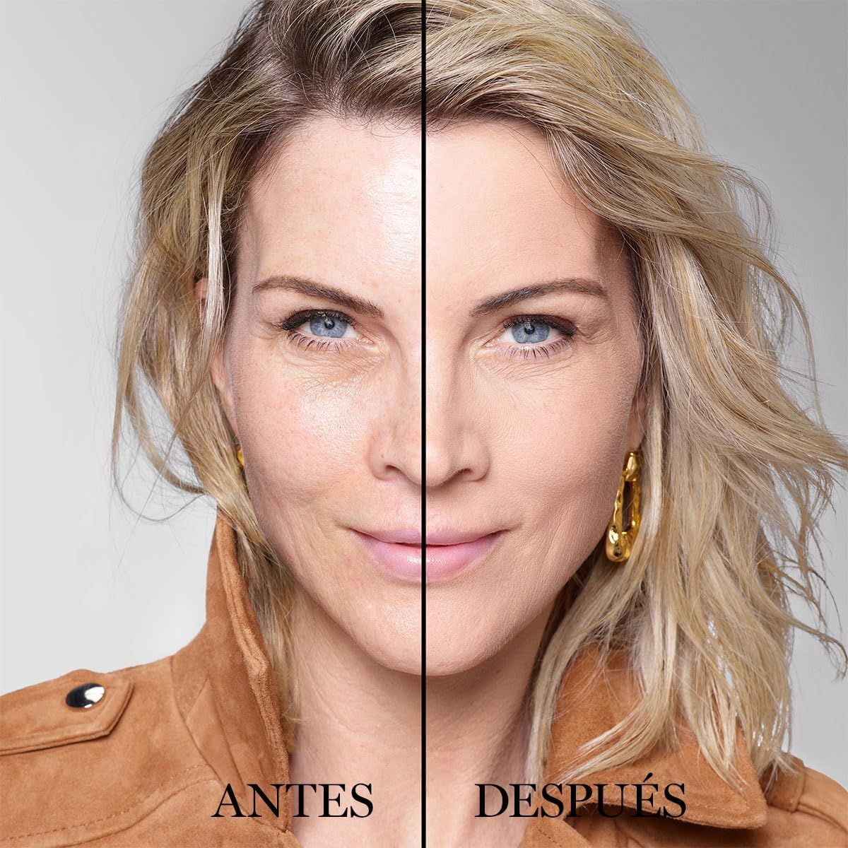 Gesicht einer Frau vor und nach dem Auftragen von Make-up. Deutlicher Unterschied im Hautbild.