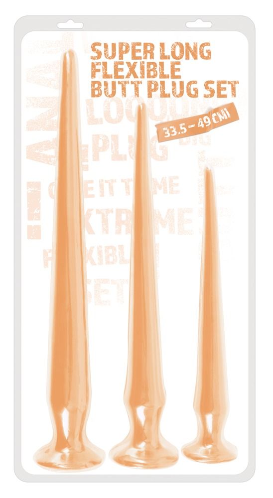 Verpackung mit drei analen Plug-Spielzeugen. Beige, mit Text: Super Long Flexible Butt Plug Set.