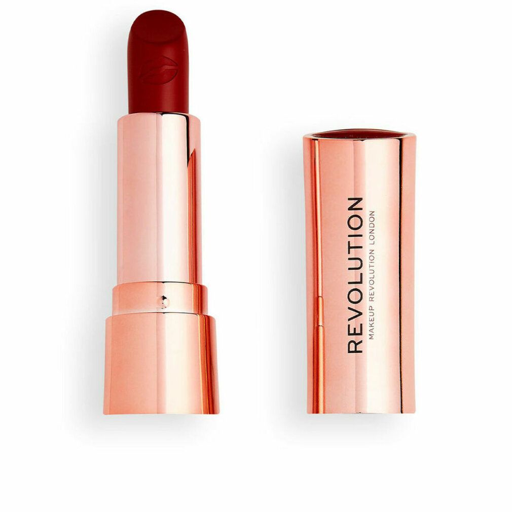 Roter Lippenstift, geöffnet. Goldfarbenes Metallgehäuse. Auf dem Gehäuse steht "REVOLUTION MAKEUP LONDON".
