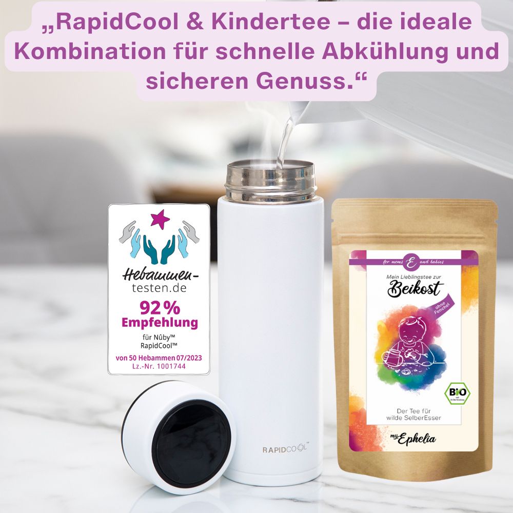 Weißer Thermobecher, daneben Tee-Verpackung mit Text: Mein Lieblingstee zur Beikost. Bio-Siegel. Text: Der Tee für wilde SelberEsser. Text: 92% Empfehlung.