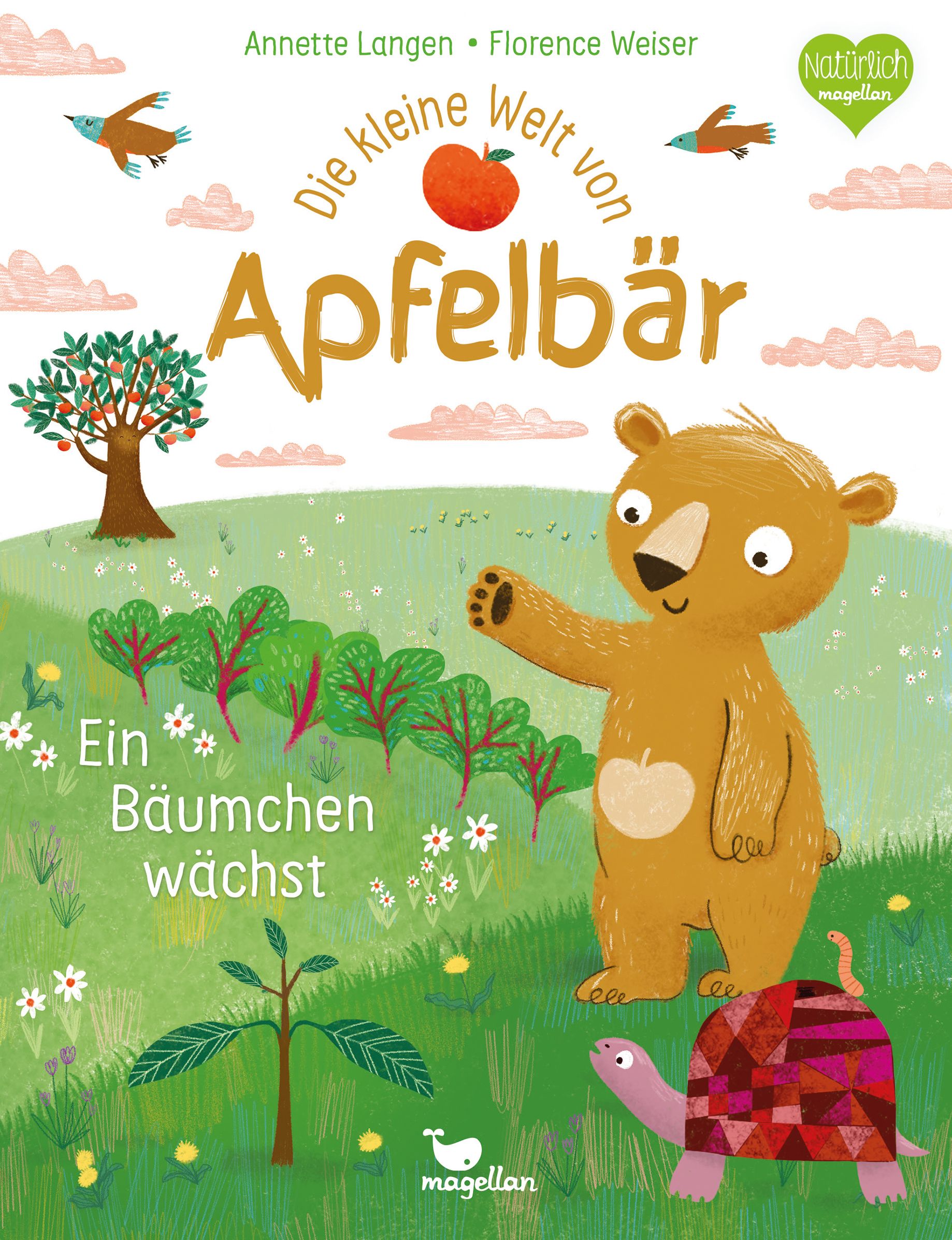 Buchcover: "Die kleine Welt von Apfelbär - Ein Bäumchen wächst". Illustration: Bär, Apfel, Baum, Wiese, Wolken, Vögel.