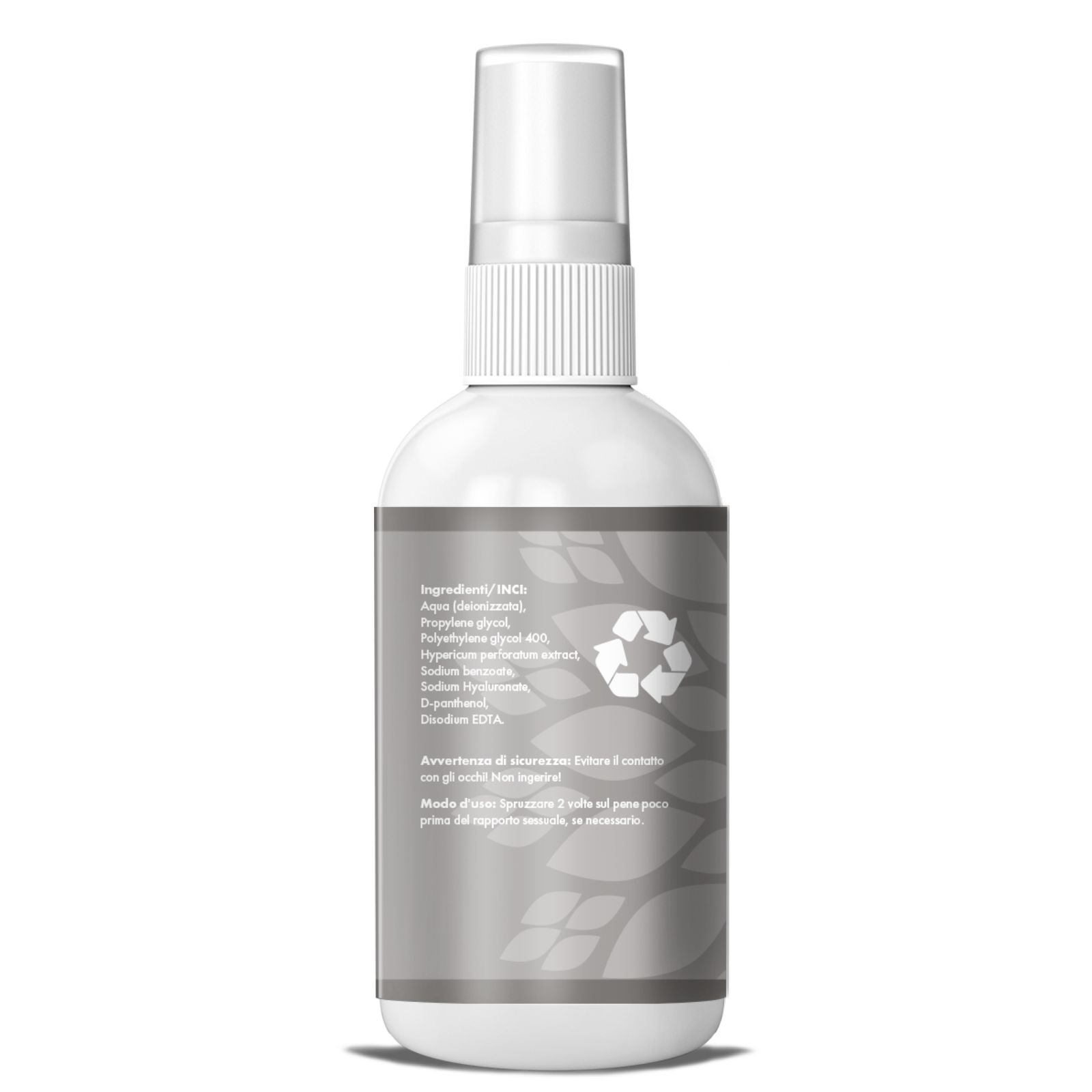 Rückseite einer Sprayflasche. Text mit Inhaltsstoffen und Recycling-Symbol.