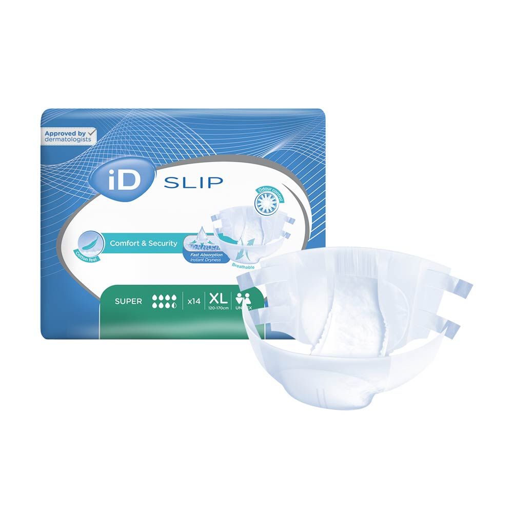 iD Slip Super XL. Packung und offene Windel. Aufschrift: Comfort & Security, Super, x14, XL. Dermatologisch getestet.