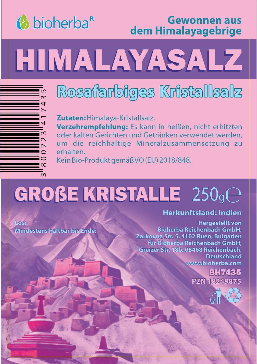 Etikett mit Produktname, Marke und Inhaltsangaben. Rosa-farbige Kristalle. Text: Große Kristalle, 250g.