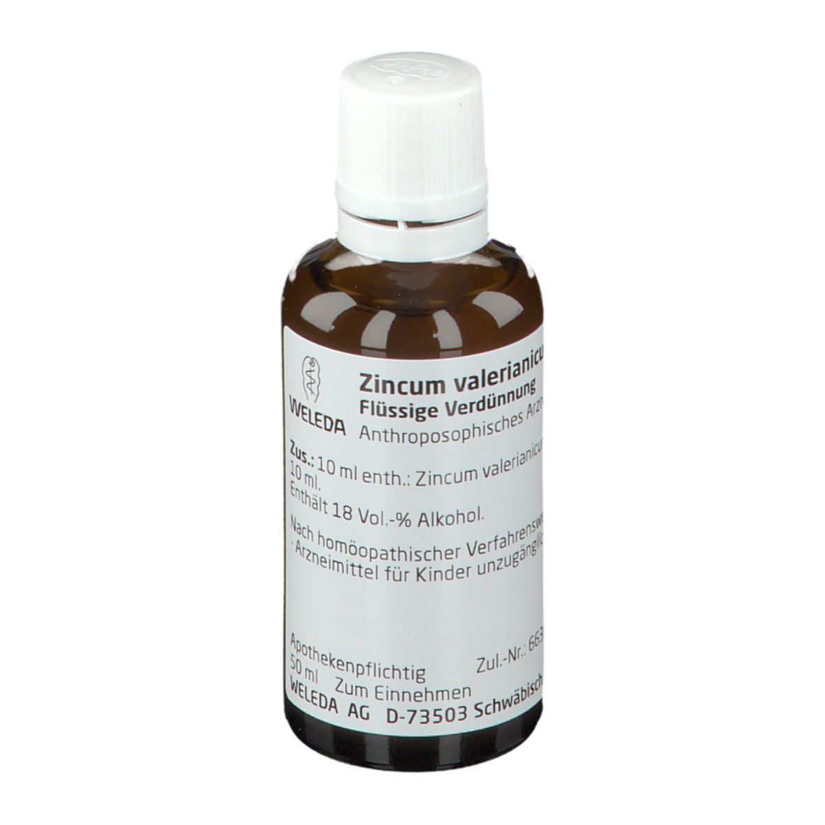 Braune Glasflasche mit weißem Deckel und Etikett. Beschriftung: Zincum valerianicum D4, Flüssige Verdünnung, WELEDA.