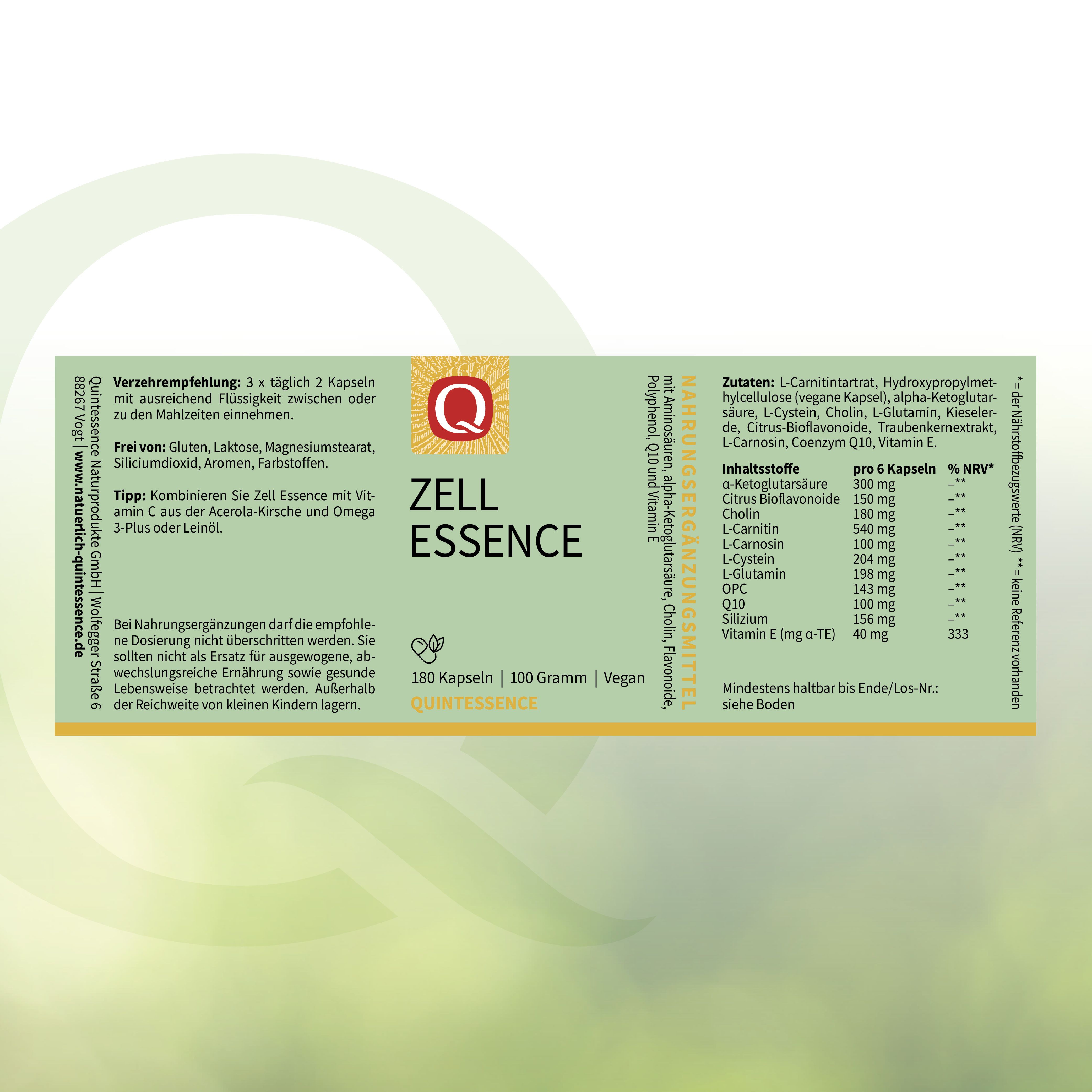 Schachtel mit "Zell Essence" und "Quintessence". Enthält 180 Kapseln. Inhaltsstoffe und Verzehrempfehlung.