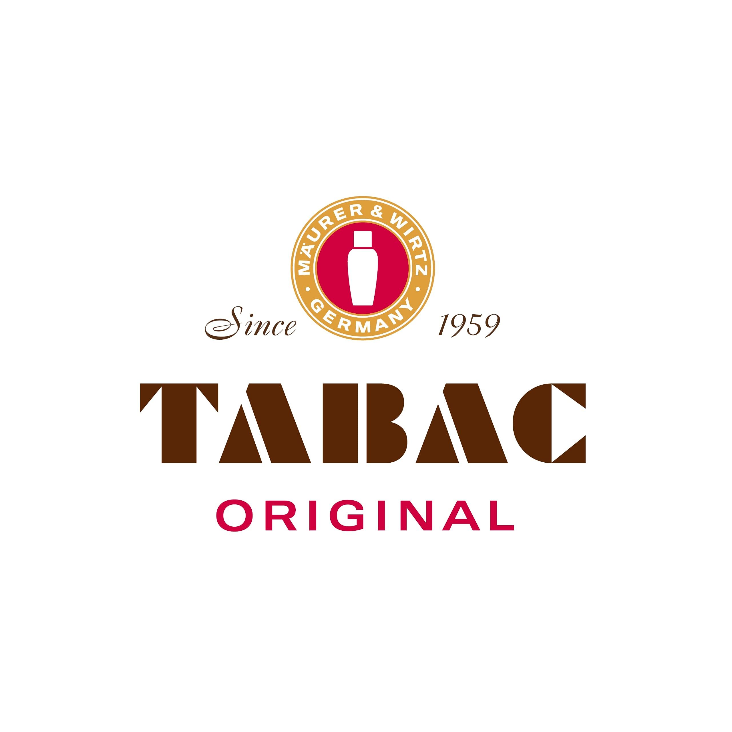 Logo Tabac Original. Runder Stempel mit Flakon. Schriftzug: Tabac Original, Maurer & Wirtz Germany, Since 1959.