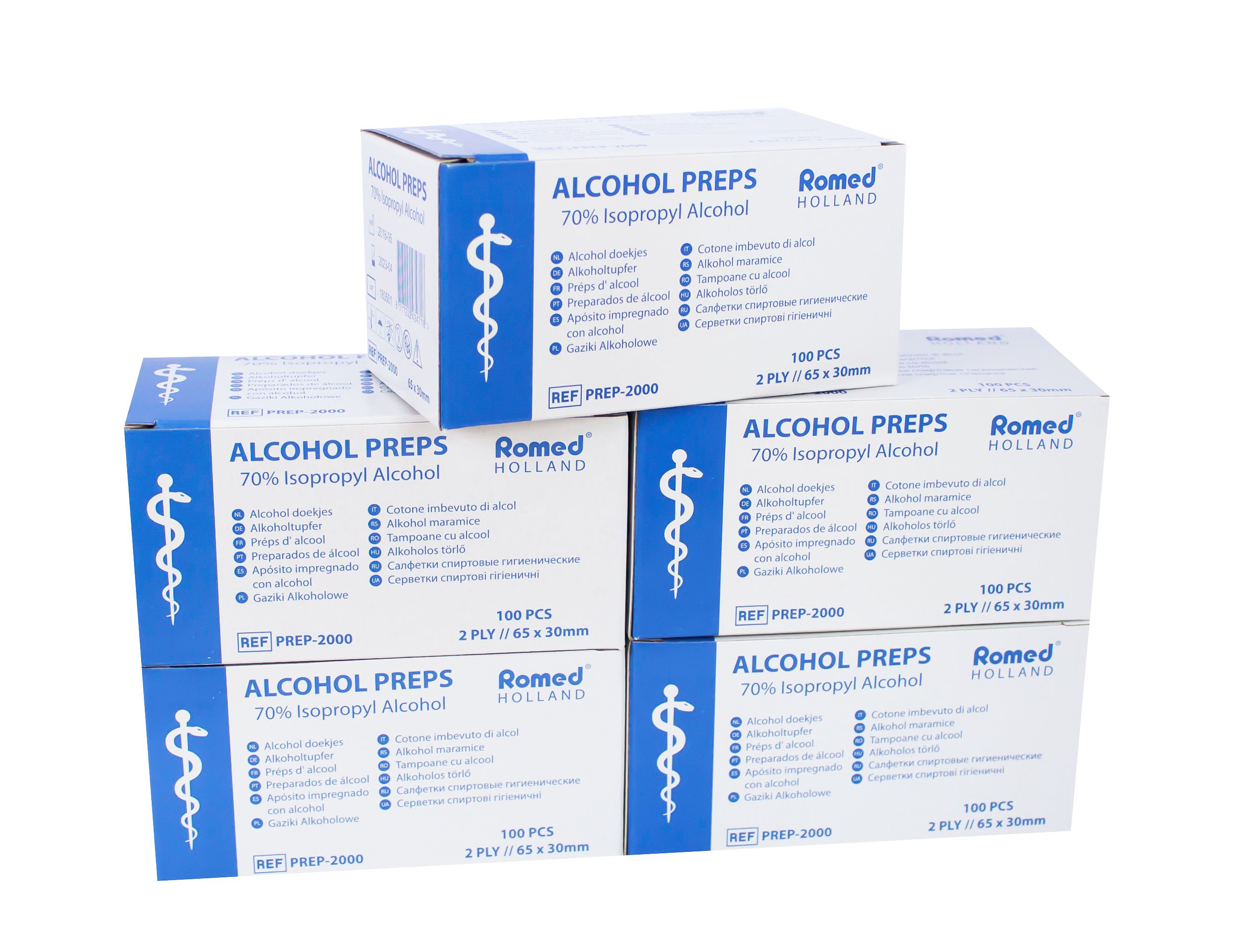 Mehrere Kartons mit Alkoholtupfern. Aufdruck: "ALCOHOL PREPS 70% Isopropyl Alcohol" und "Romed HOLLAND". Stapel von Boxen.