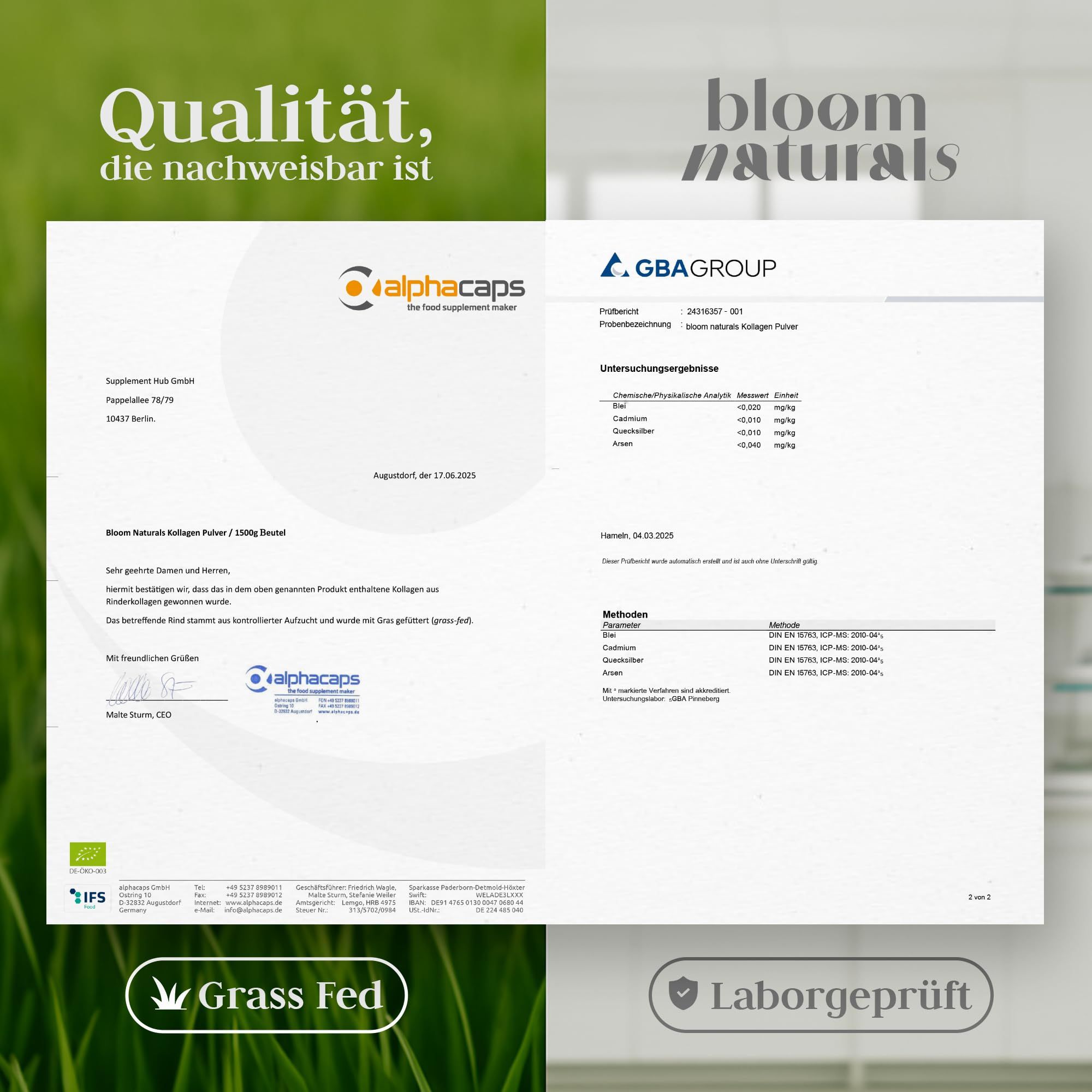 Zwei Dokumente mit Text und Logos. Text: Qualität, die nachweisbar ist, Grass Fed, Laborgeprüft, Bloom Naturals Kollagen Pulver.