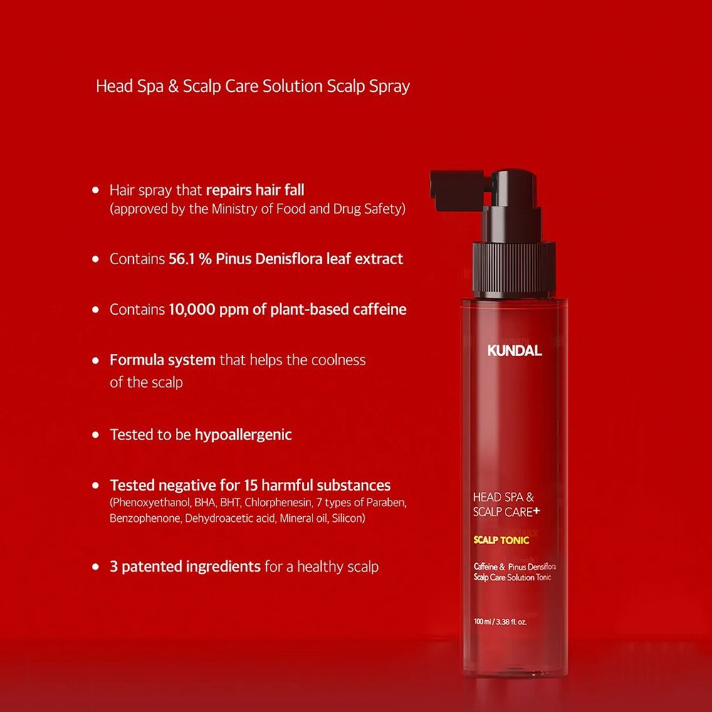 Rote Flasche mit schwarzem Sprühkopf. Text: KUNDAL, HEAD SPA & SCALP CARE+, SCALP TONIC. Enthält Koffein.