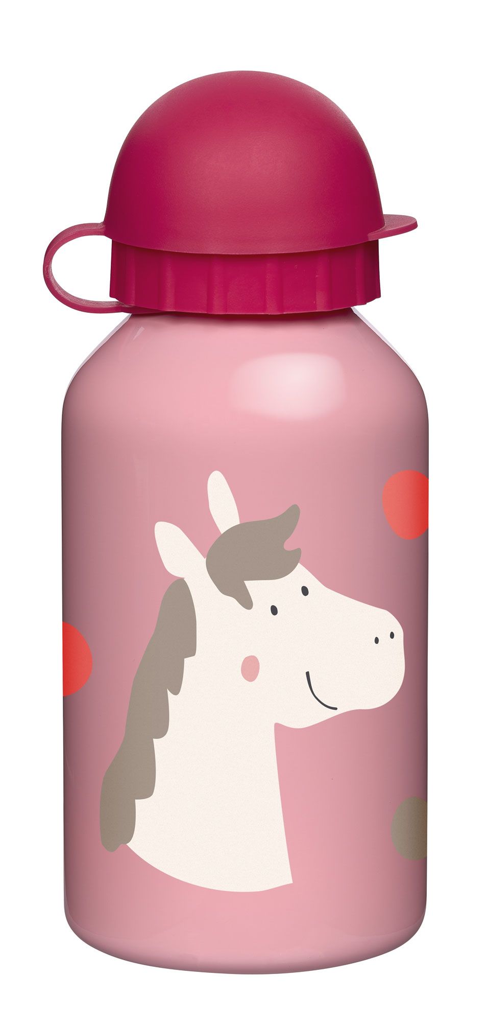 Rosa Trinkflasche mit Pony-Motiv und rotem Deckel. Aluminiumflasche mit Schraubverschluss.