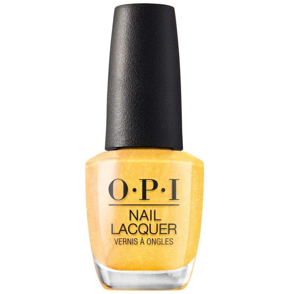 Nagellackflasche. Gelbe Farbe, schwarzer Deckel. OPI-Logo.