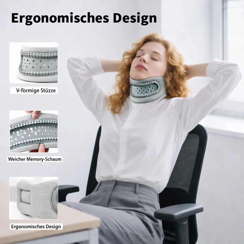 Nackenstütze, grau. Frau sitzt im Büro, trägt Stütze. Nahaufnahmen: V-förmige Stütze, Memory-Schaum. Text: Ergonomisches Design.