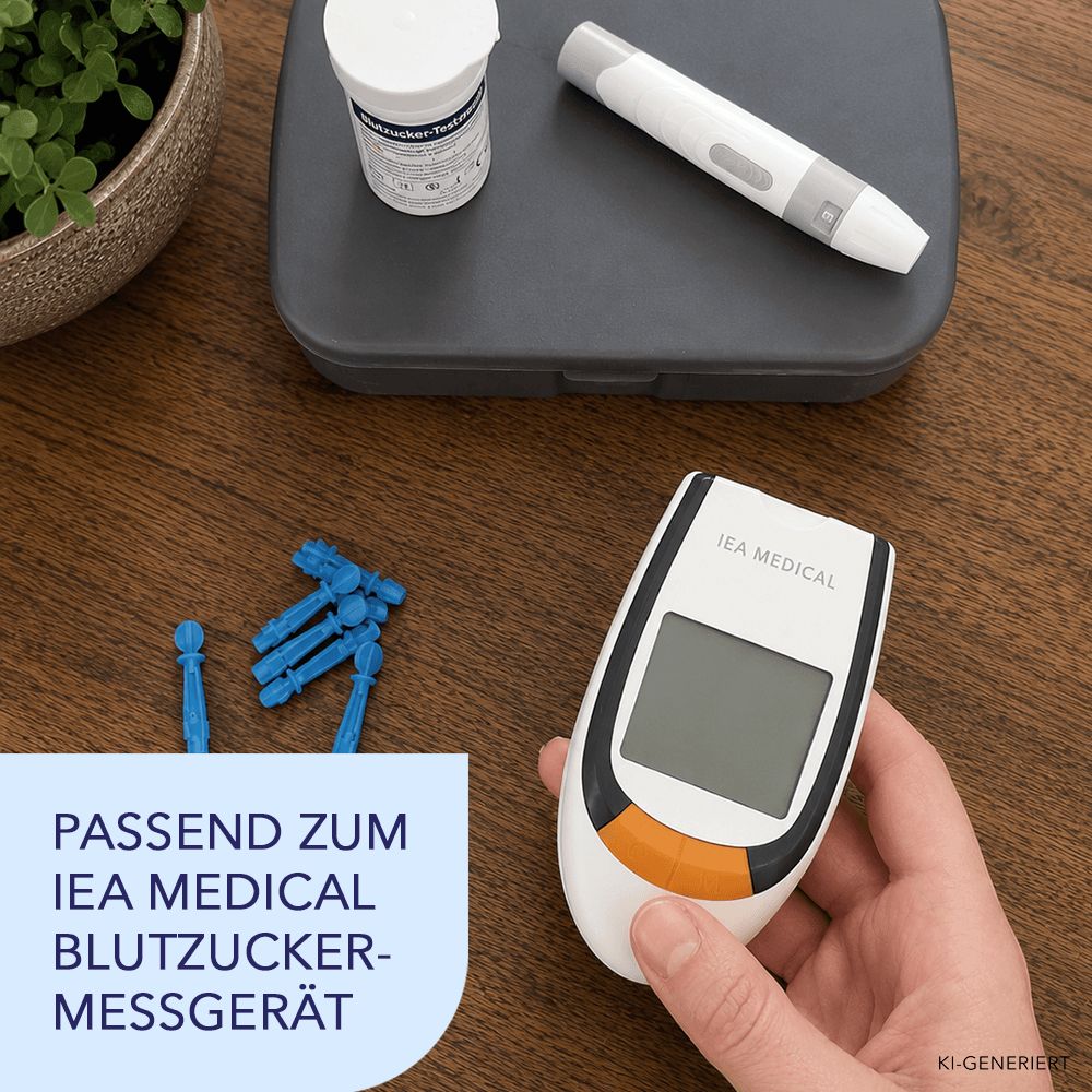 Blutzuckermessgerät, Lanzette, Teststreifen-Spender und Nadeln auf einem Tisch.