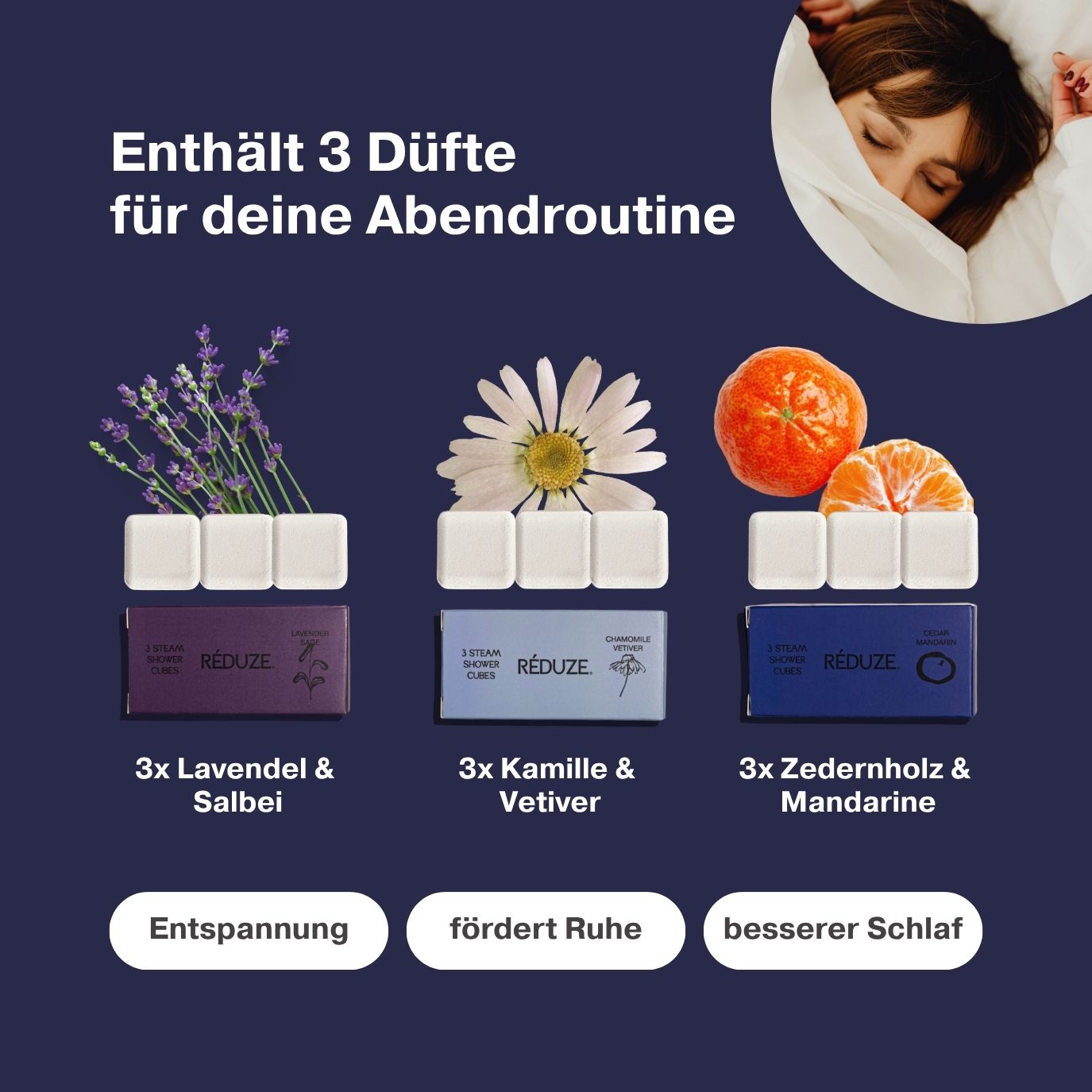 Drei Sets mit Duschwürfeln. RÉDUZE-Logo. 3 Düfte: Lavendel, Kamille, Zeder. Text: Entspannung, besserer Schlaf.